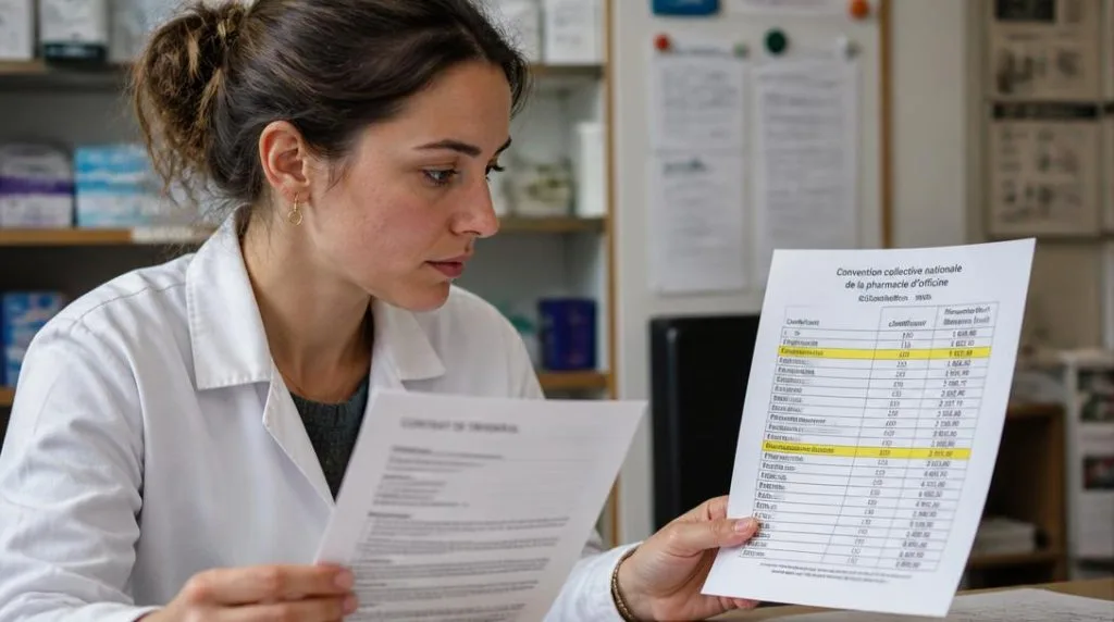 Pharmacien adjoint vérifiant son coefficient sur contrat
