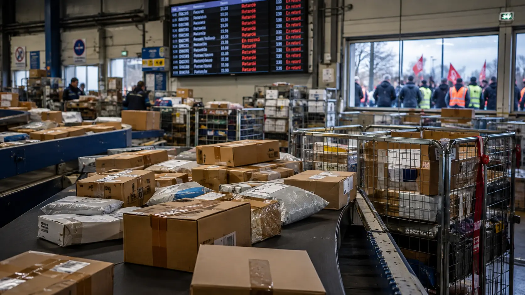Colis s'accumulant sur convoyeur, retards de livraison durant une grève