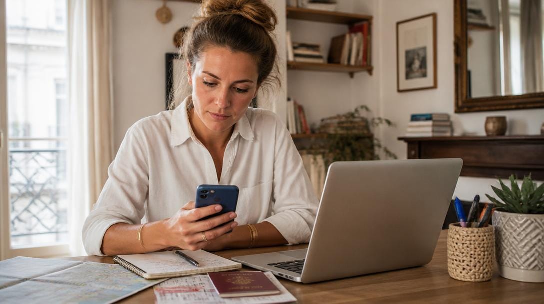 Voyageuse consultant Contact GO Voyages sur son téléphone