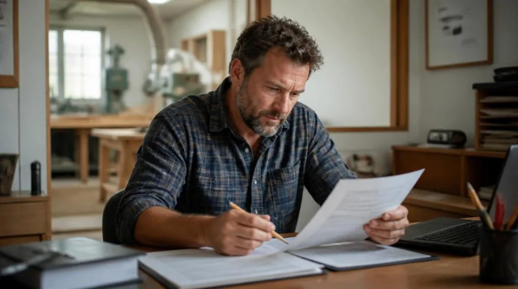 Menuisier vérifiant son coefficient sur des documents de paie