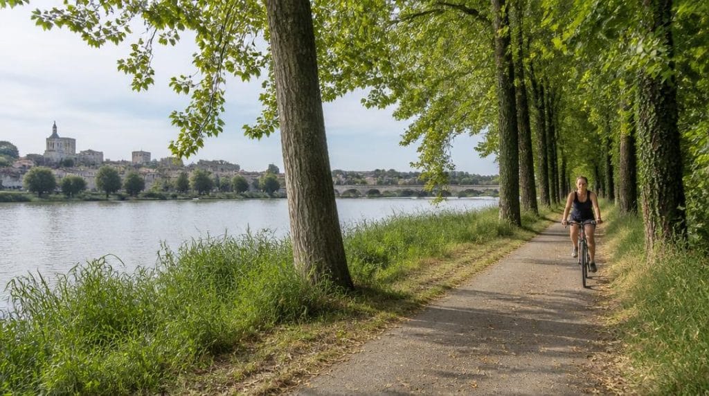 Balade à vélo sur une île au bord du Rhône