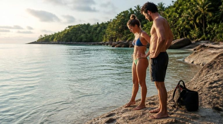 Voyageurs prudents sur une plage tropicale