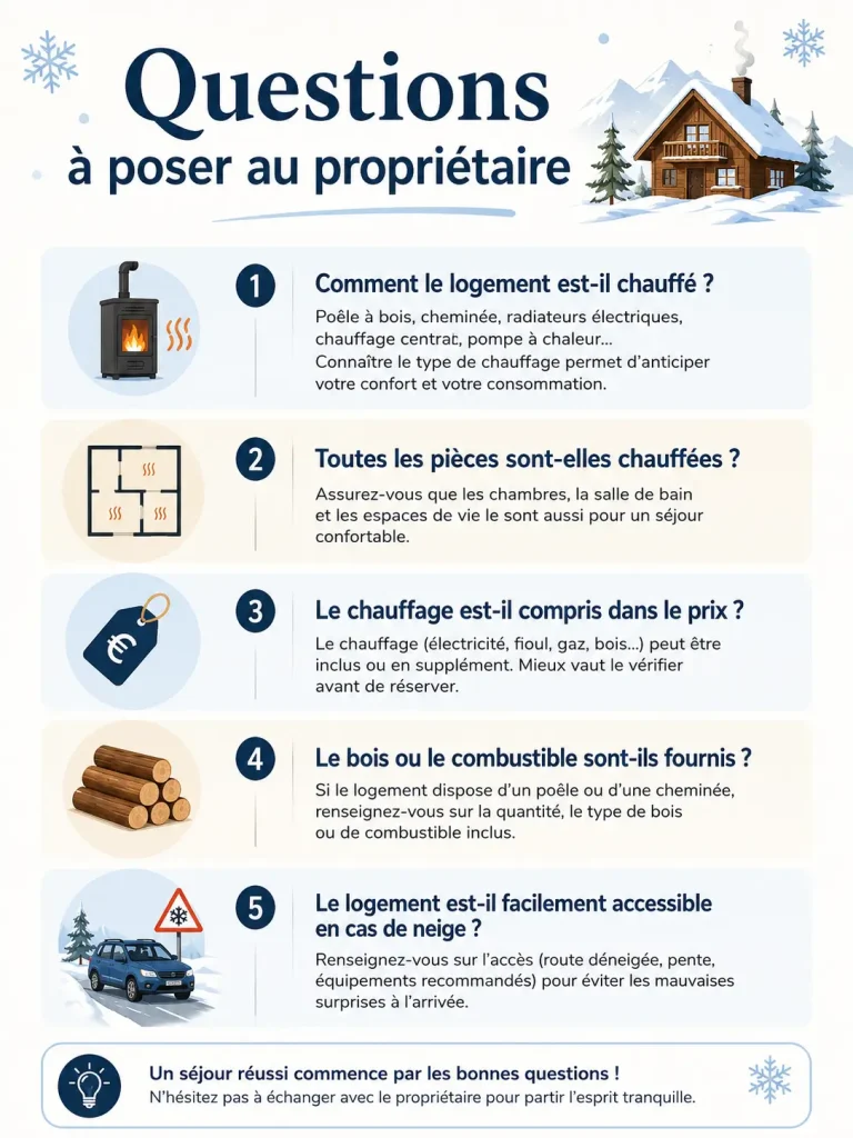 Infographie avec 5 questions : chauffage, pièces, prix, bois, accès neige