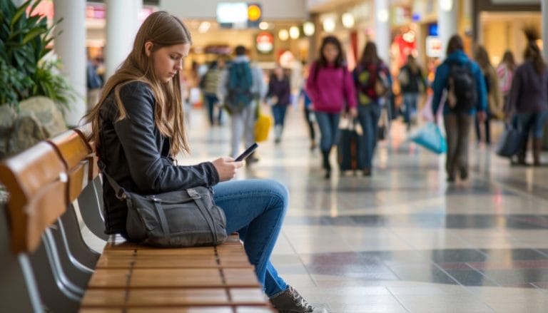 Jeune voyageuse assise au terminal, regardant son téléphone