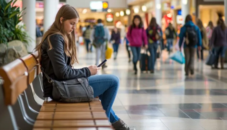 Jeune voyageuse assise au terminal, regardant son téléphone