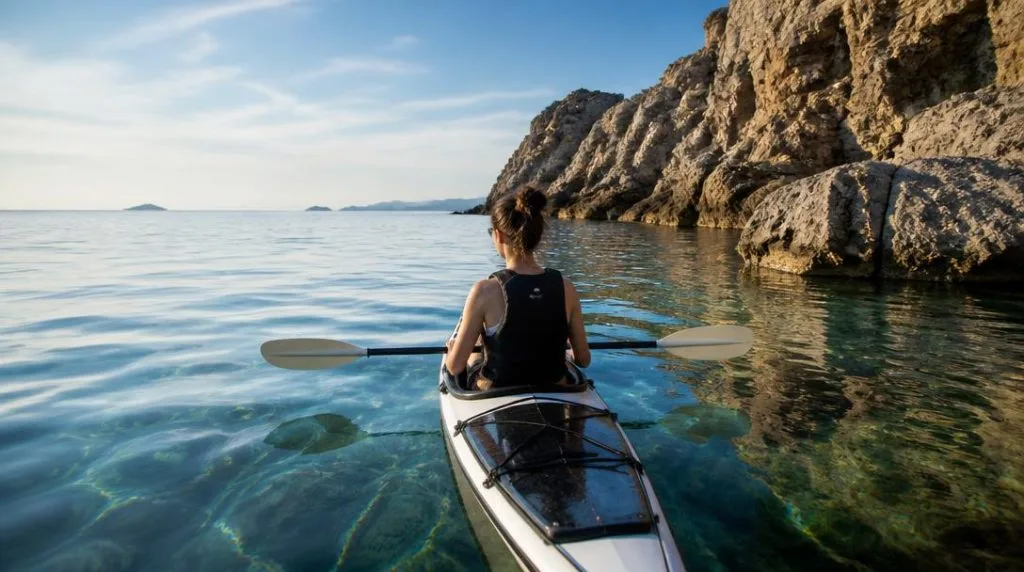 Kayak de mer près d'une côte des Cyclades