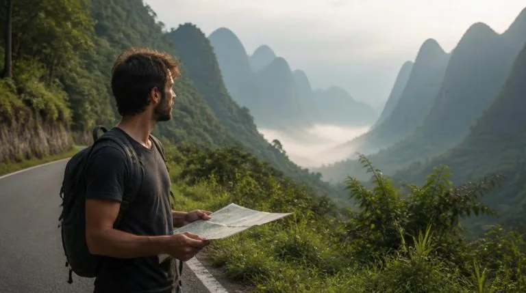 Voyageur face aux routes de montagne du Laos