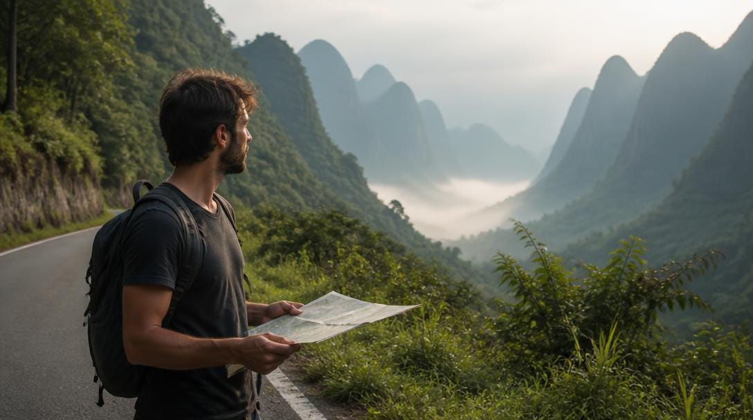 Voyageur face aux routes de montagne du Laos