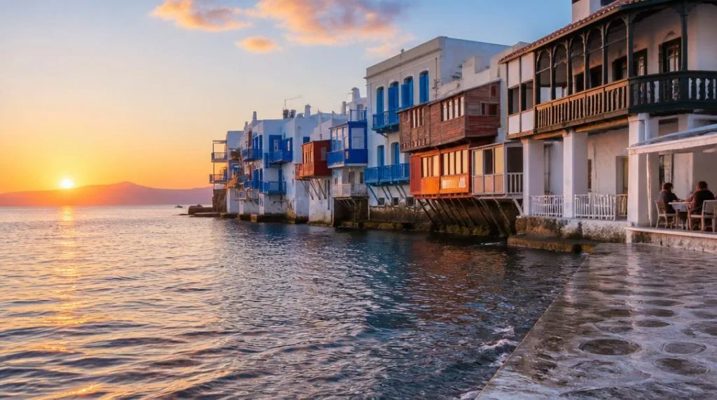 Maisons blanches en bord de mer au coucher du soleil