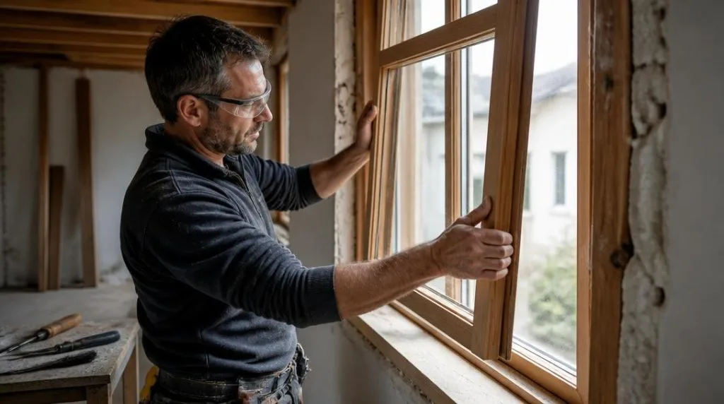 Menuisier poseur installant une menuiserie sur chantier