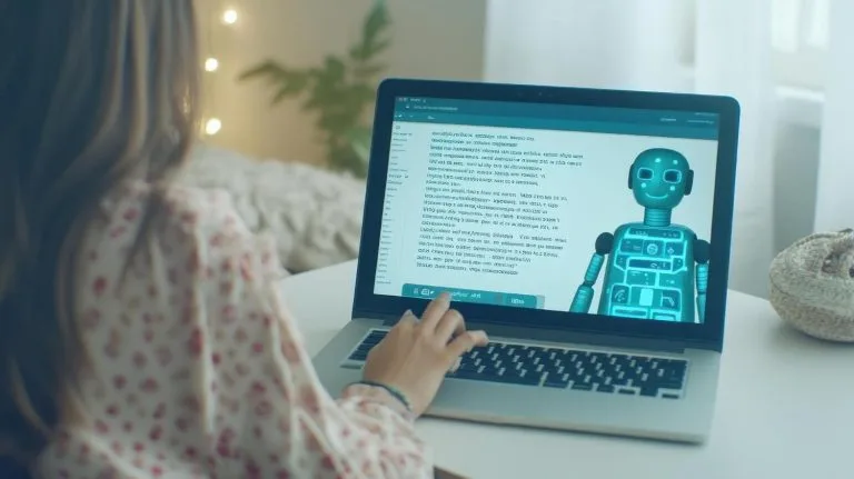 Ordinateur montrant texte et robot, personne travaillant au bureau