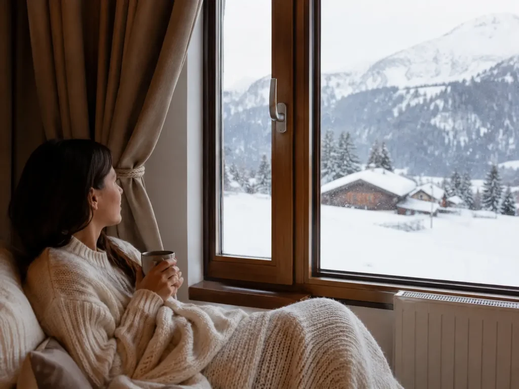 Personne avec tasse près d’une fenêtre, neige et chalets dehors