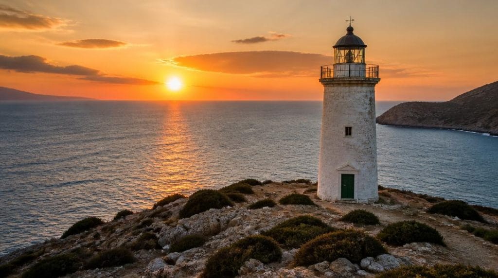Phare blanc et coucher de soleil sur les Cyclades