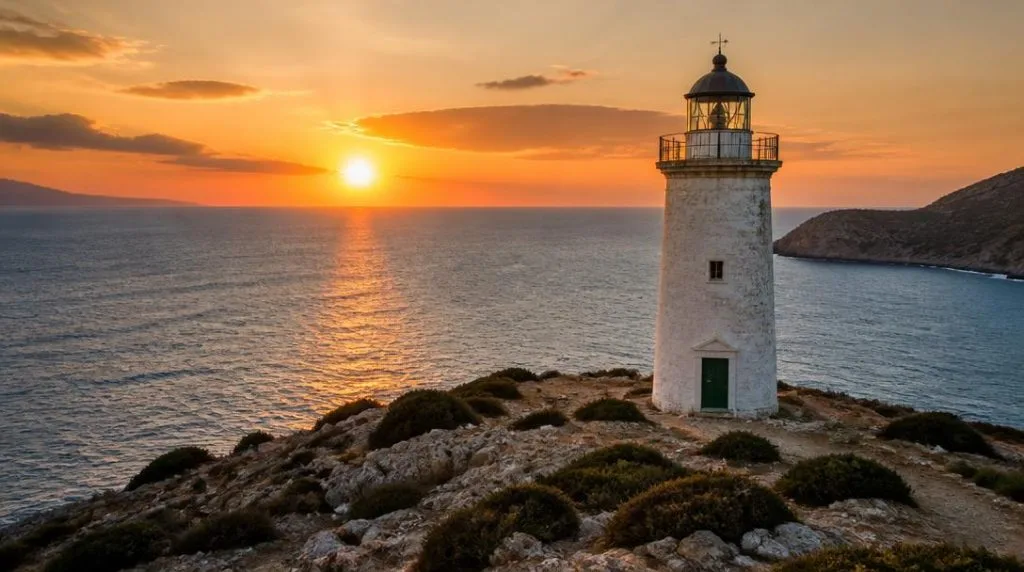 Phare blanc et coucher de soleil sur les Cyclades