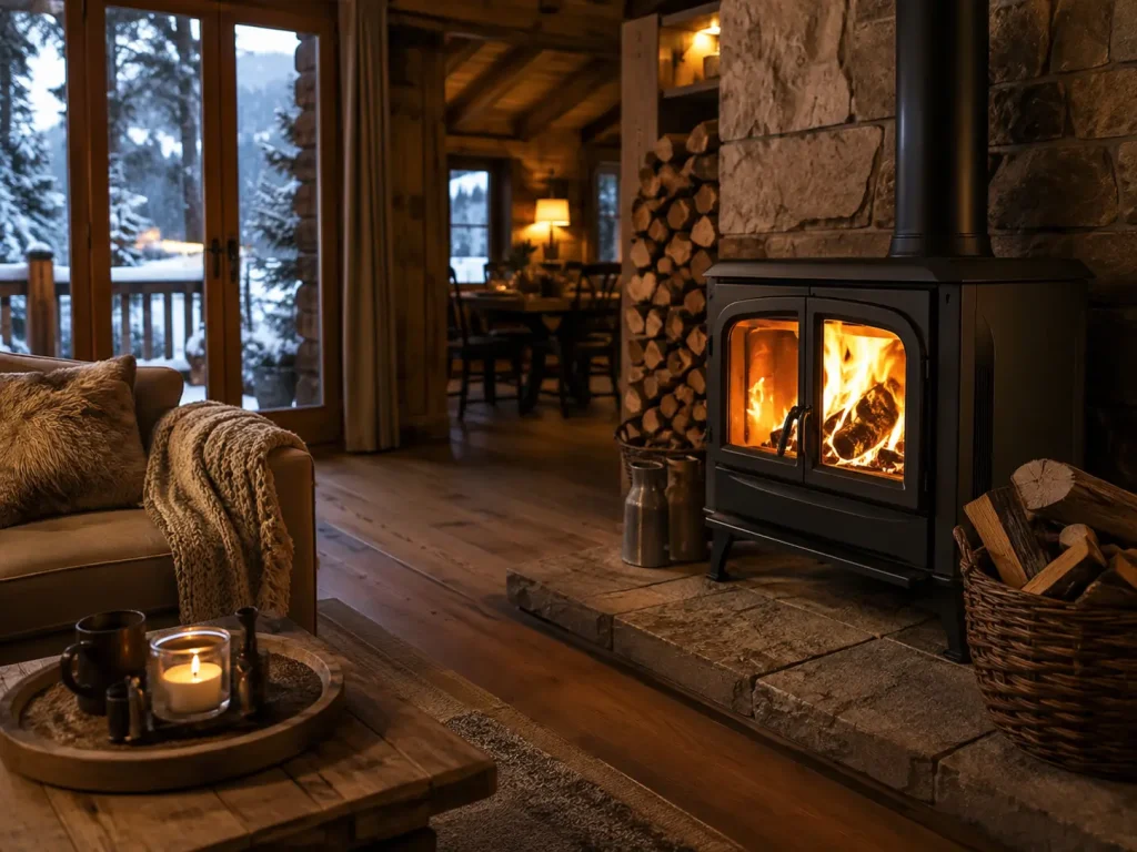 Poêle à bois allumé dans un salon de chalet, bois empilé, neige dehors