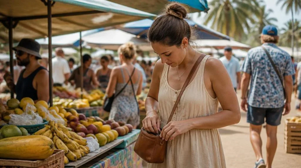 Voyageur protégeant son sac dans un marché animé