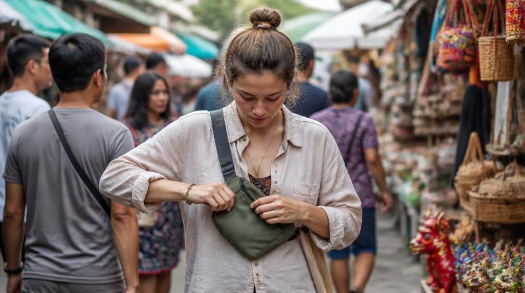 Voyageur protégeant son sac dans un marché animé