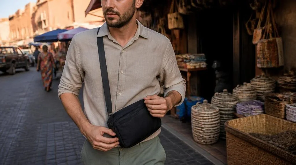 Sac fermé porté contre soi dans une rue touristique
