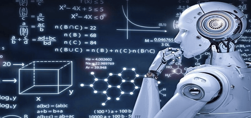 Robot humanoïde pensif devant équations, graphiques et molécules