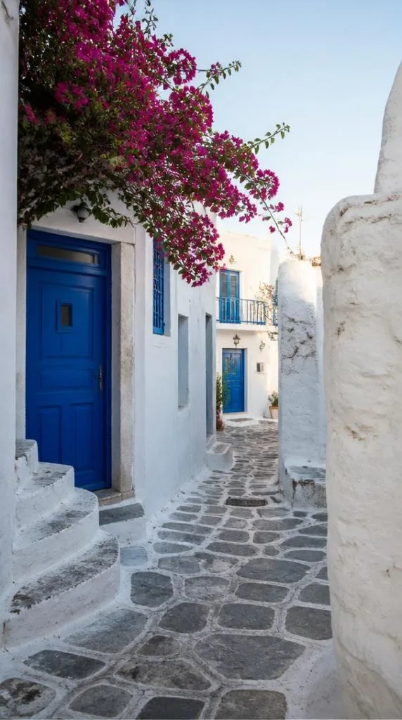 Ruelles blanches de vieille ville sur une île grecque