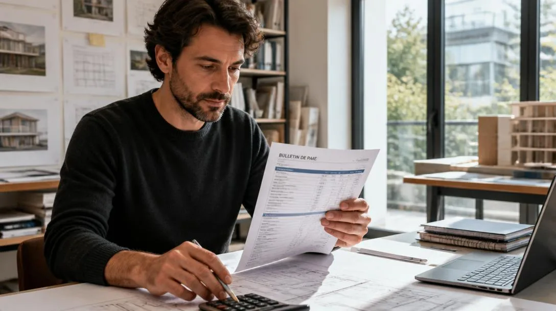 Architecte examinant son salaire architecte et ses plans