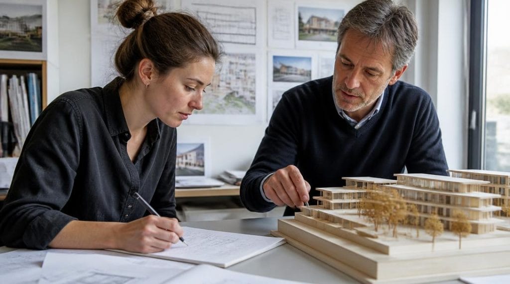 Jeune architecte en agence préparant son premier projet