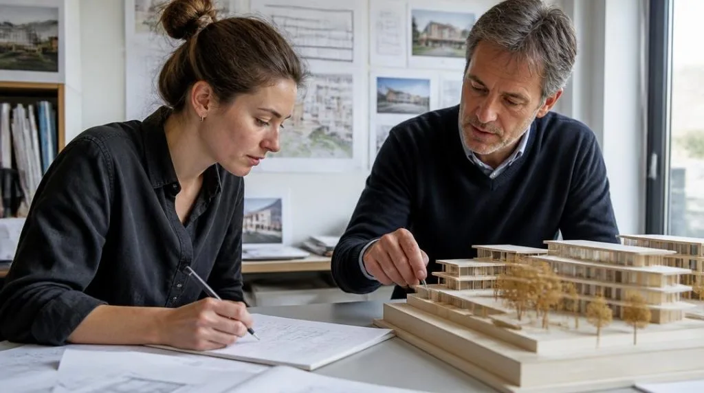 Jeune architecte en agence préparant son premier projet