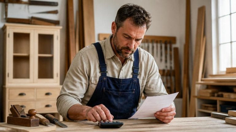 Menuisier consultant des documents sur son salaire en atelier