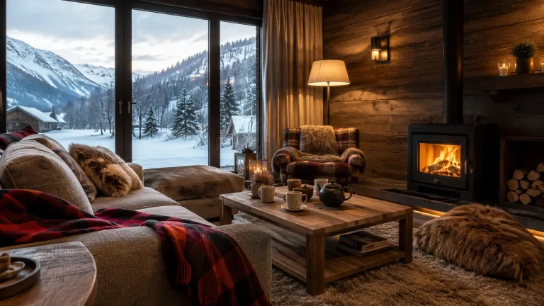 Salon de chalet, poêle allumé, baies vitrées sur montagnes enneigées