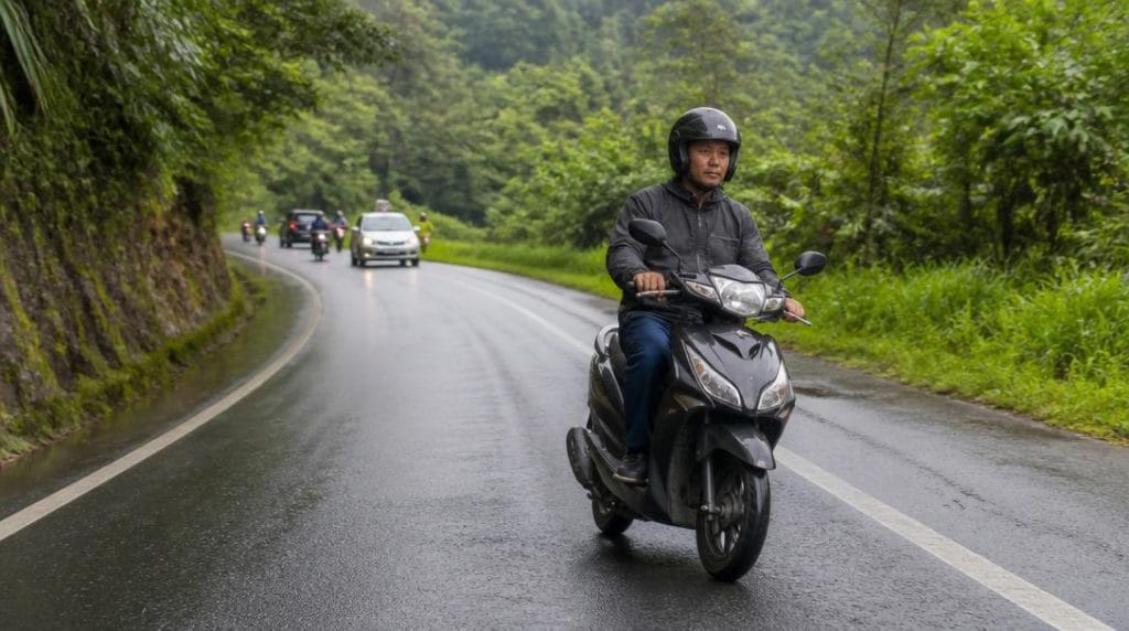 Scooter avec casque sur route humide au Laos