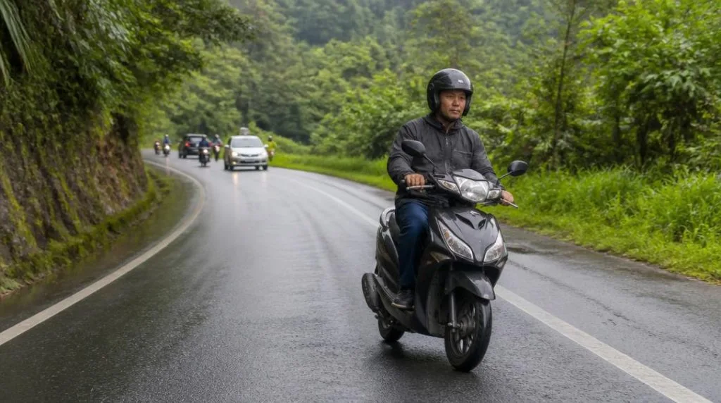 Scooter avec casque sur route humide au Laos