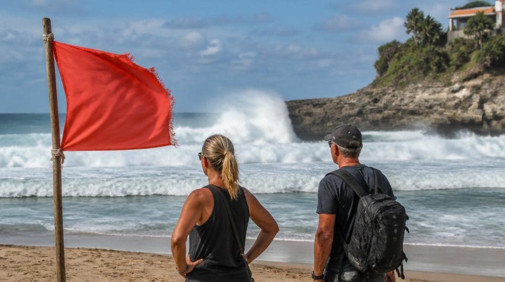 Vagues puissantes et drapeau de sécurité sur plage