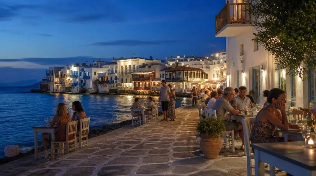 Soirée sur un front de mer des Cyclades