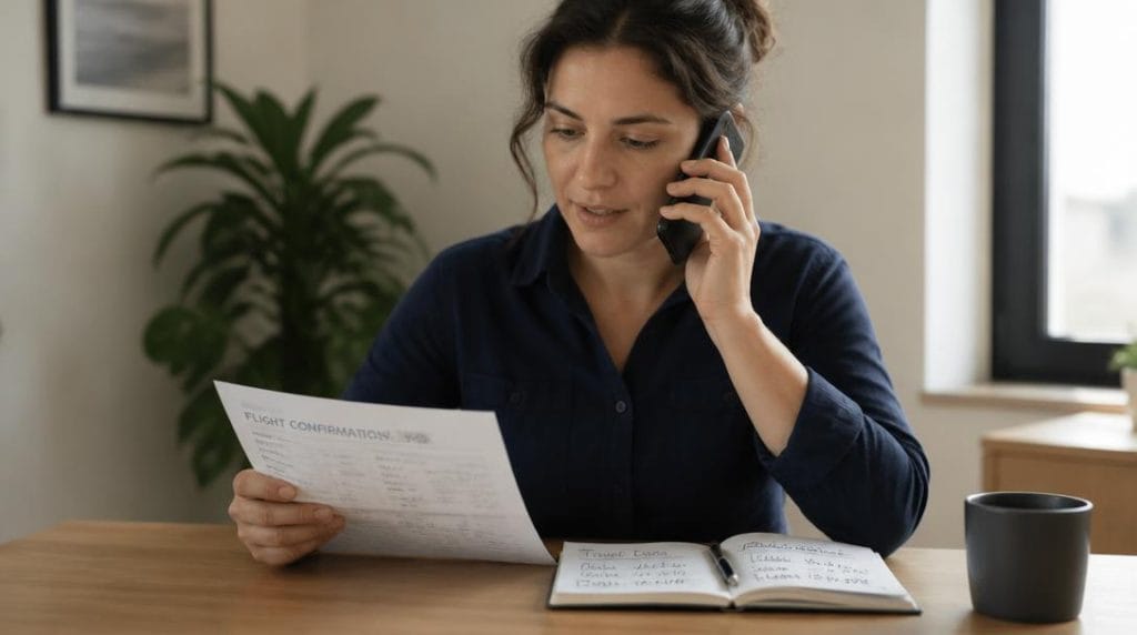 Voyageuse appelant le service client avec sa réservation