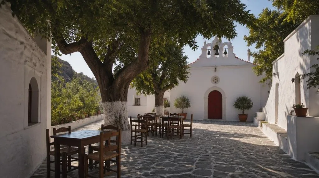 Place ombragée dans un village paisible des Cyclades