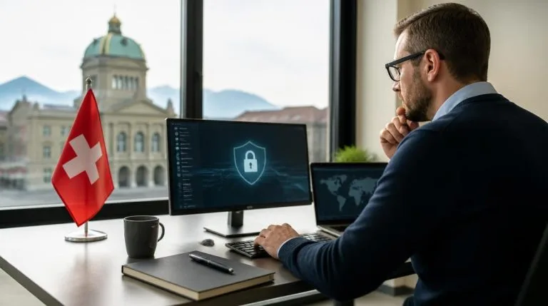 Analyste au bureau, écrans de cybersécurité, drapeau suisse et bâtiment officiel