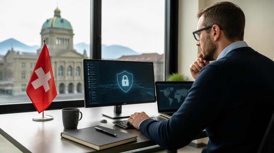 Analyste au bureau, écrans de cybersécurité, drapeau suisse et bâtiment officiel