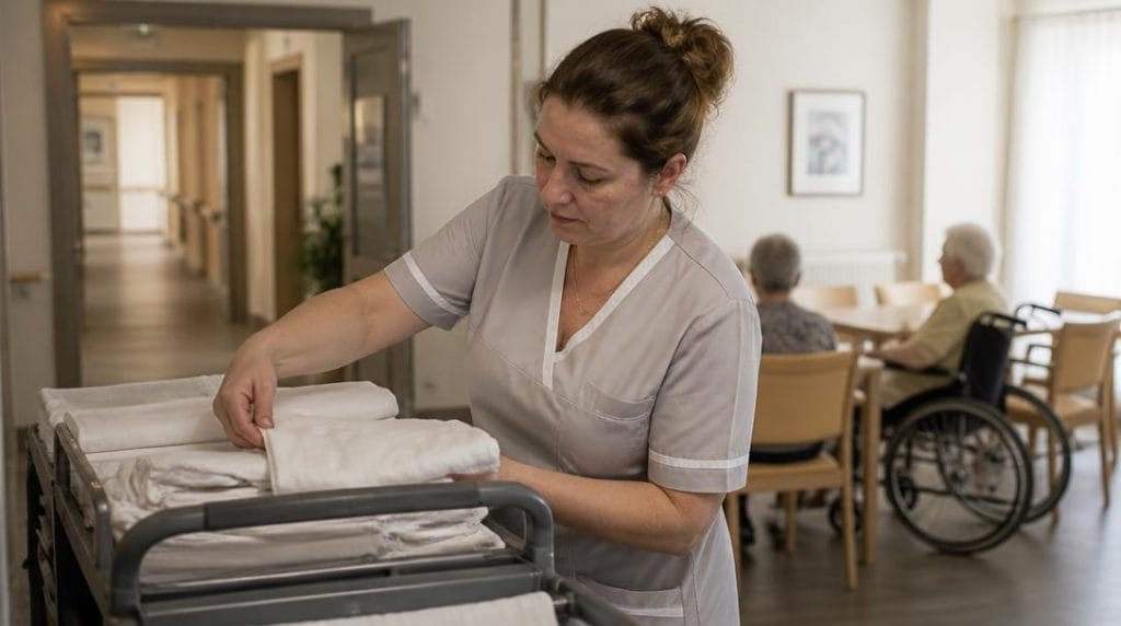 ASH en EHPAD préparant un chariot de linge