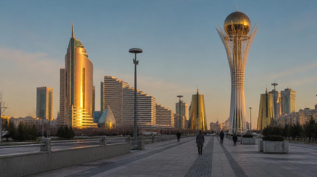 Vue urbaine futuriste d'Astana au coucher du soleil