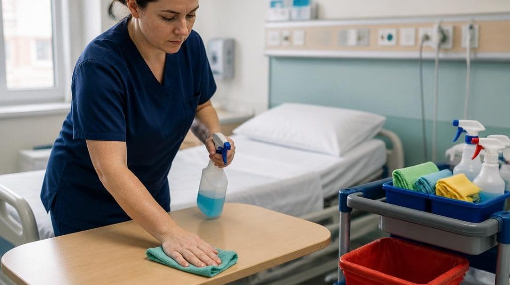 Bionettoyage hospitalier d'une table de chevet