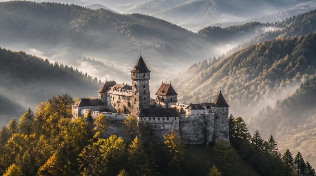 Château médiéval sur une colline boisée