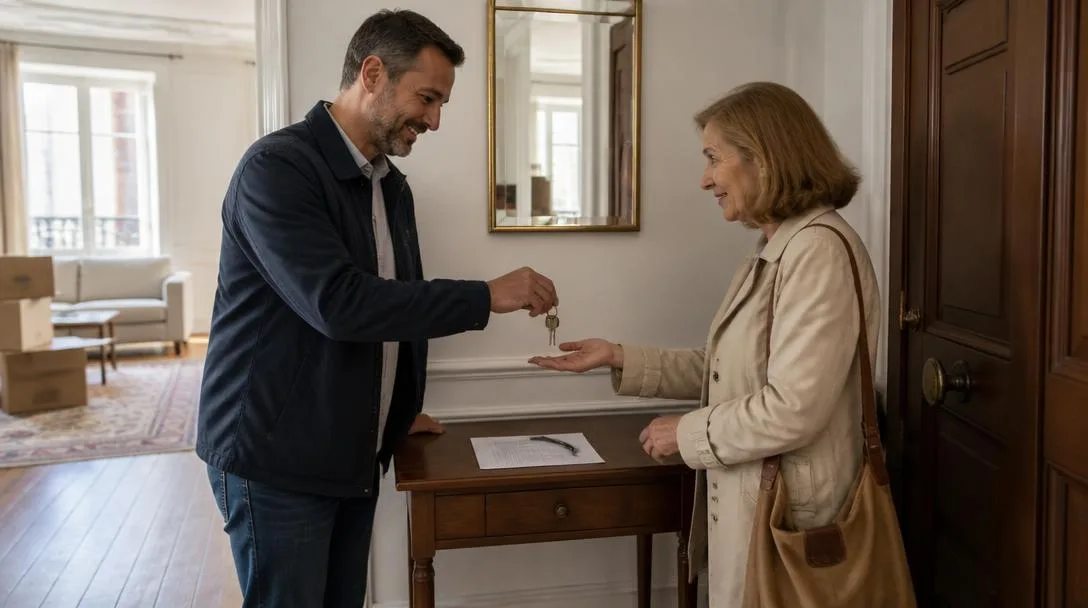 Propriétaire remettant les clés d'un logement en commodat