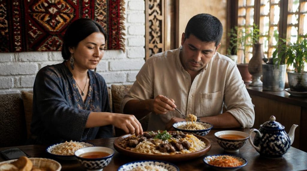 Repas traditionnel illustrant la culture kazakhe