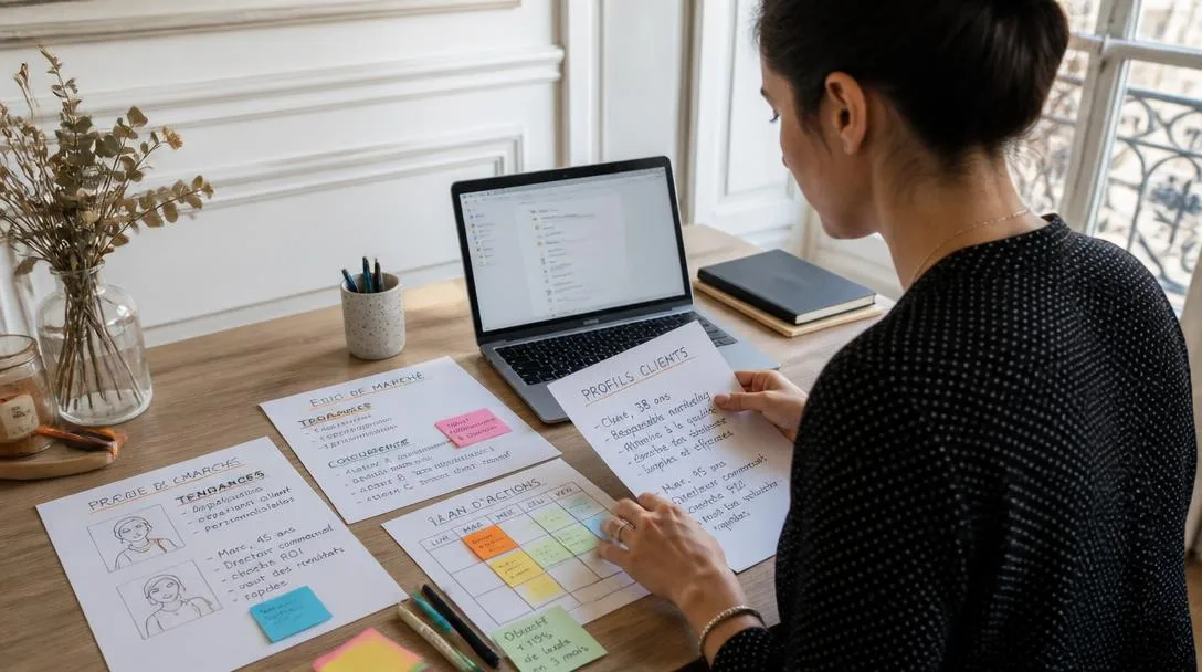 Professionnelle préparant une démarche marketing sur son bureau