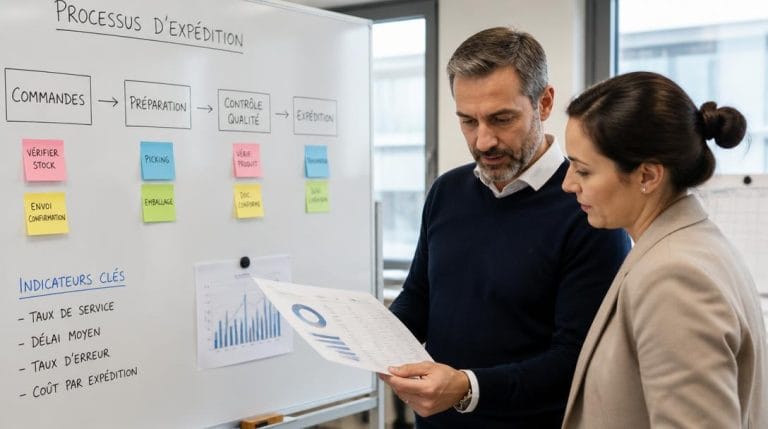 Équipe analysant le DMAIC sur un tableau de processus