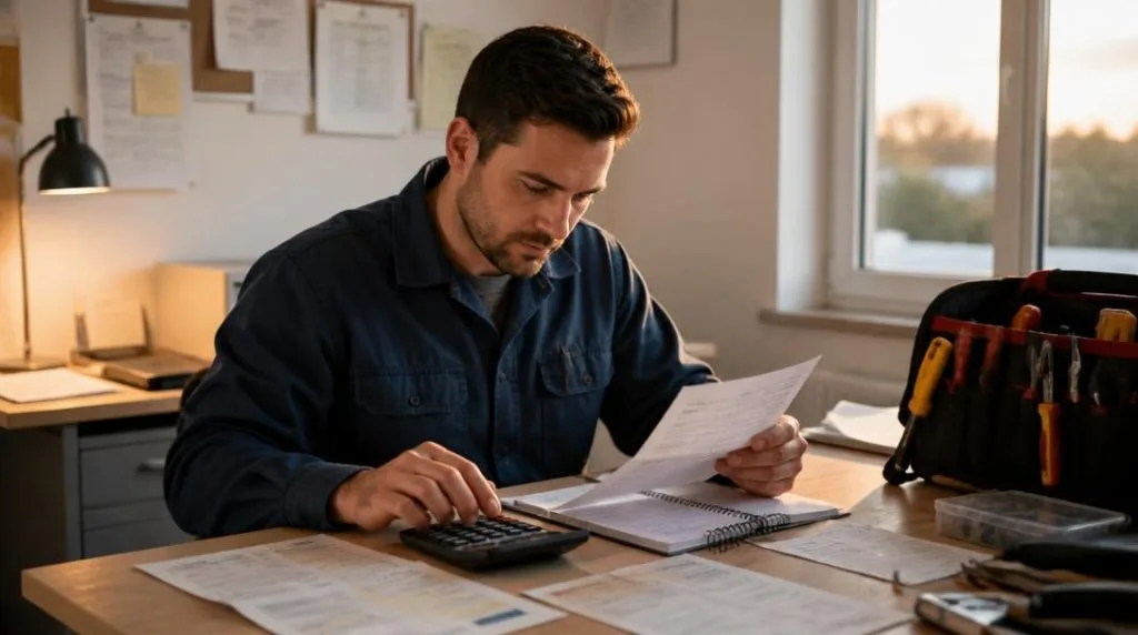 Électricien indépendant calculant son revenu net