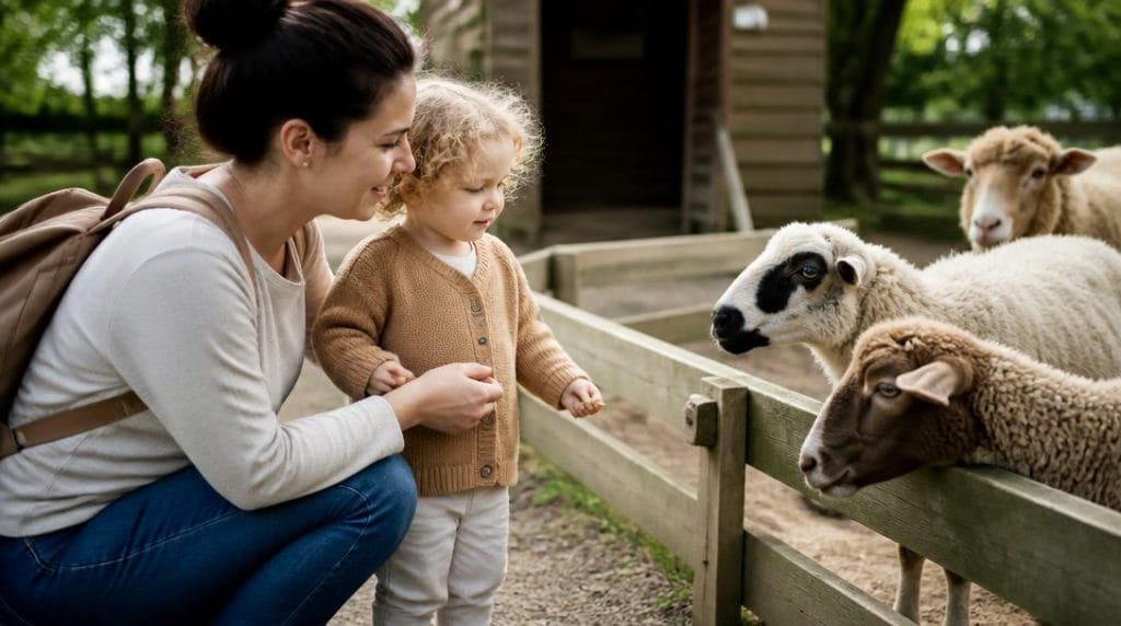 Enfant observant des animaux dans une ferme découverte
