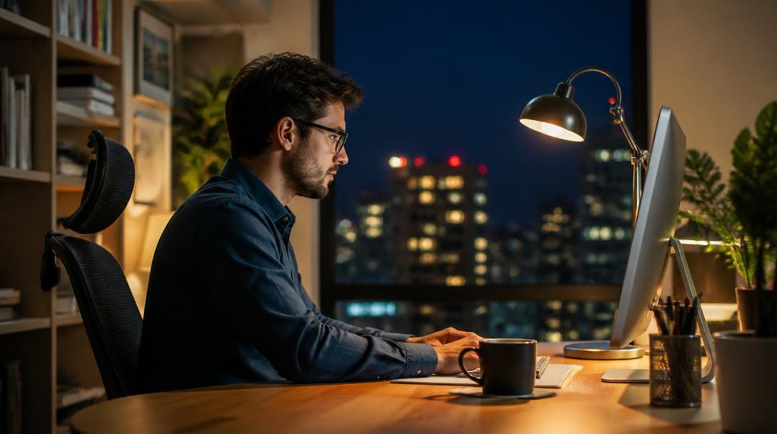 Homme au bureau la nuit, concentré devant un écran