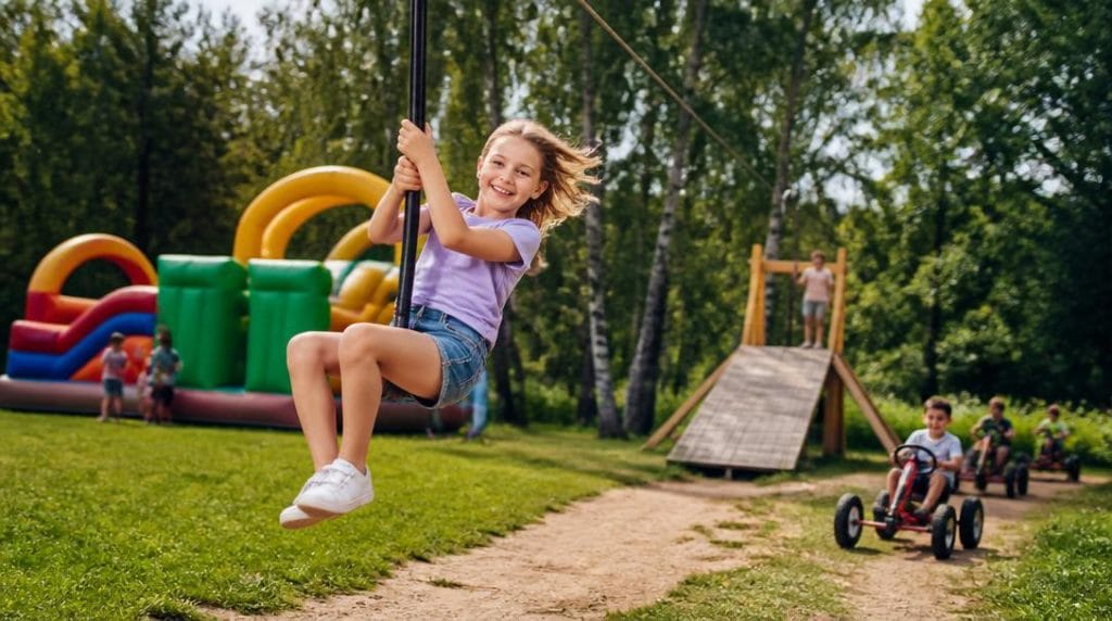 Enfants jouant près d'une tyrolienne en extérieur
