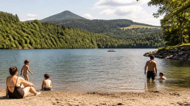 Lac d'Aydat en Auvergne avec plage et relief volcanique